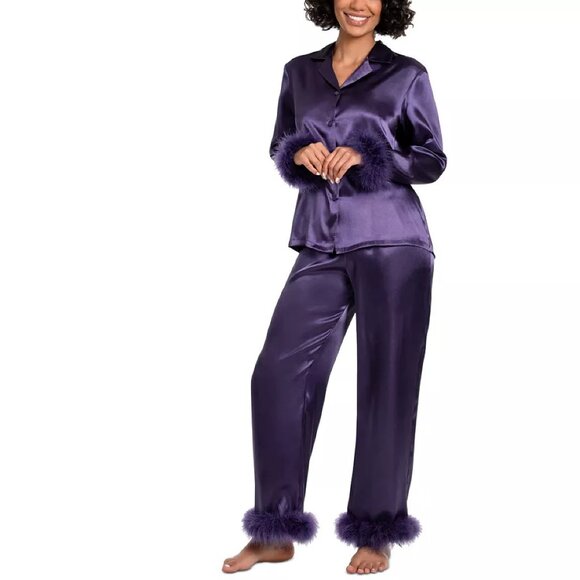 new PURPLE Linea Donatella Women's Marabou Feather-Trimmed Satin Pajama Set - Picture 1 of 6